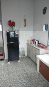 怡保IPOH Homestay的厨房配有黑色冰箱及玫瑰花瓶