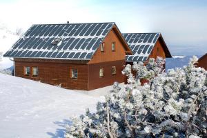 埃本塞Feriendorf am Feuerkogel, Ebensee的雪上屋顶太阳能电池板的房子