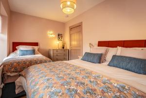 沃特福德Luxury House Waterford City Centre的一间卧室配有两张带蓝色枕头的床