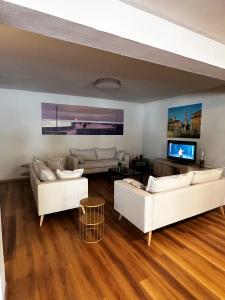 卡沃PFA Hotel - Isola d'Elba的客厅配有2张白色沙发和电视