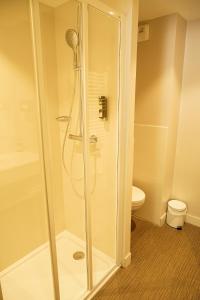 Villar-dʼArène法拉池酒店的设有带卫生间的浴室内的淋浴间