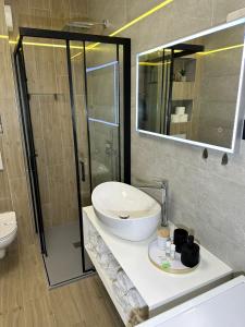 乌马格APPLeonLux的一间带水槽、卫生间和镜子的浴室