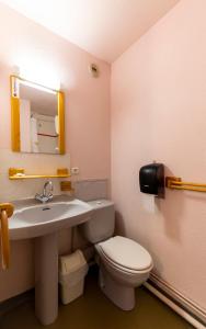 莱德萨阿尔卑斯HOTEL DES NEIGES的一间带卫生间、水槽和镜子的浴室