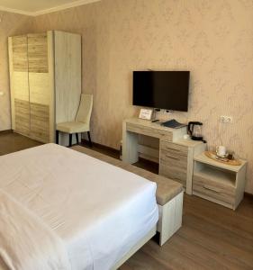 利沃夫Львівський的一间卧室配有一张床和一张书桌及电视