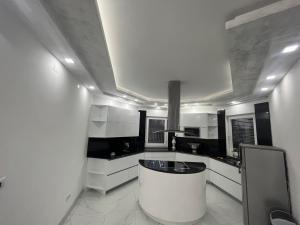 比耶利纳Villa Diamond的一间白色的大厨房,里面装有圆形水槽