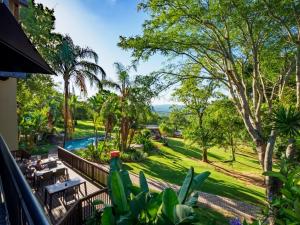 雾观Umbhaba Eco Lodge的从房子的阳台上可欣赏到游泳池的景色