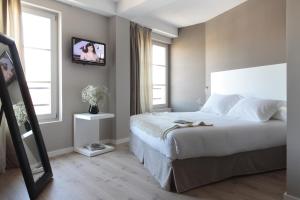 巴塞罗那兰布拉102酒店的卧室配有一张床,墙上配有电视。