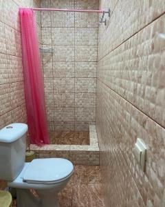 苏呼米Уютный Дворик的浴室设有卫生间和带粉红色窗帘的淋浴。