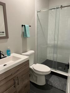 费城Modern 2BR 2BA Apartment with rooftop in Brewerytown的浴室配有卫生间、盥洗盆和淋浴。