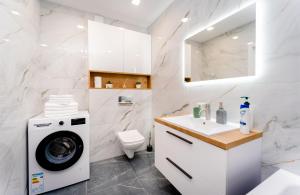 基希讷乌2-Bedroom Family Grandeur Apartment的浴室配有洗衣机、洗衣机和烘干机。