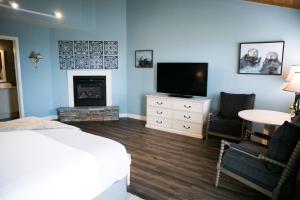 坎布里亚海獭酒店的一间卧室配有一张床、一台电视和一个壁炉