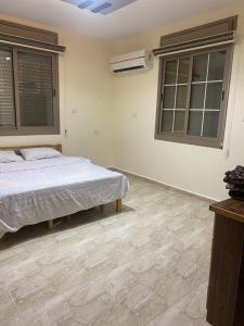瓦迪穆萨Darkum Apartment的一间卧室设有一张床和两个窗户。