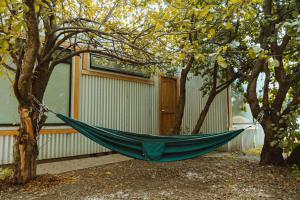 纳塔列斯港Camping Yellow Plum的吊床挂在房子前面两棵树上