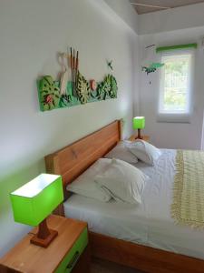 圣安德烈斯Blue Lizard House的一间卧室配有一张床和一个绿灯