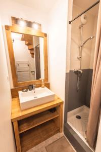 圣拉里苏朗Le Rioumajou 2的一间带水槽、镜子和淋浴的浴室