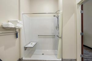 De PereCobblestone Hotel & Suites - De Pere Green Bay的带淋浴、水槽和毛巾的浴室