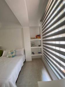 卡利APARTAESTUDIO EN SAN FERNANDO的一间卧室配有一张床和一个带百叶窗的窗户