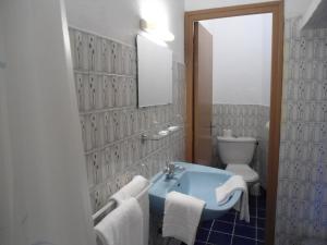 皮亚纳Hotel Les Calanques的浴室配有蓝色水槽和卫生间。