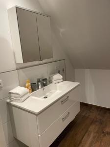 施内沃丁根Ferienwohnung Wintermoor的白色的浴室设有水槽和镜子