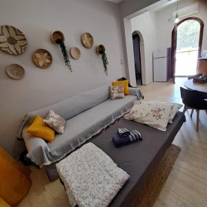 VathíΞενώνας Vasiliki的客厅配有带枕头的灰色沙发