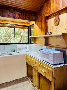 蒙泰韦尔德哥斯达黎加Cabañas La Montaña Mountain Lodge的厨房配有木制橱柜和台面上的微波炉