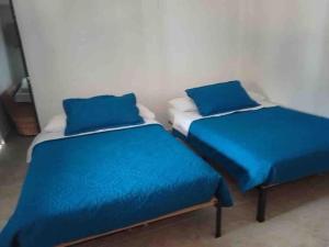 菲兰迪亚Alojamiento Rural - La Perla的配有两张床铺的蓝色床单和枕头