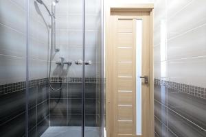 利沃夫Deluxe Apartments on Doroshenka 29的浴室里设有玻璃门淋浴