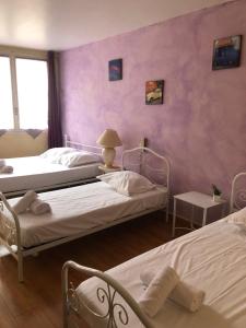 马诺斯克弗朗索瓦1厄酒店的配有粉红色墙壁的客房内的两张床