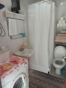 东兹斯托里弗Timo Bokelski的浴室配有洗衣机、卫生间和水槽