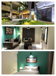 达卡Gulshan Stylish 3 bedroom Luxury Apartment in Prime location的卧室和客厅的两张照片