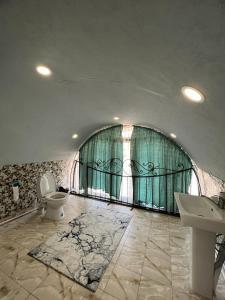 博斯特里Отель РАЗАМ的一间带卫生间、水槽和窗户的浴室
