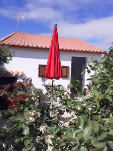 ParadaCasa do Terreto & Casa do Forno的坐在房子前面的红伞