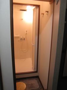 札幌井野背包客旅馆的带淋浴、卫生间和镜子的浴室