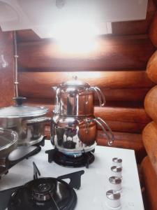 PiroğluChalet's lake_Bolu Abant _log house的炉灶上的一个茶壶