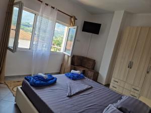 KlosBar-Restaurant-Hotel-Familja的一间卧室配有一张带蓝色床单的床和一扇窗户。