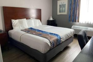 奥尔巴尼奥尔巴尼机场旅程住宿旅馆和套房酒店的一间位于酒店客房内的带大床的卧室