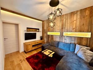 加姆利茨Apartment Weingartenblick - Glanzerhof的客厅配有蓝色的沙发和电视