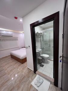 瓦迪穆萨Petra Family Hotel的一间带一张床、淋浴和卫生间的浴室