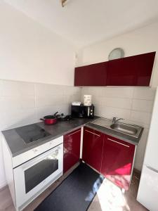 马赛Les jacinthes的一个带红色橱柜和水槽的小厨房