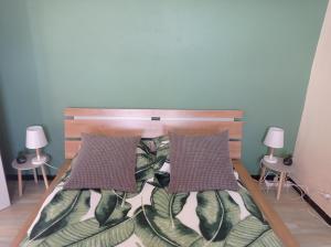 VezzaniMaison de village, charmante et authentique, haute-corse的一间卧室配有一张带两个枕头的床