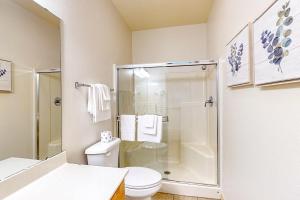 布兰森Wildwood Adventures - Unit B的一间带卫生间和玻璃淋浴间的浴室