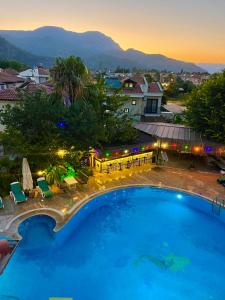 达利安Hotel Konak Su的享有游泳池的夜间景致