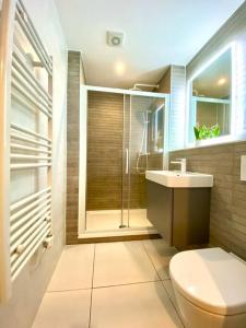 浦耳Incredible Apartment - Amazing Location - Free Parking & WiFi!的带淋浴、卫生间和盥洗盆的浴室