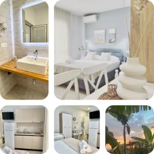 都拉斯Art Studio Apartments Durrës的浴室和卧室的照片拼在一起
