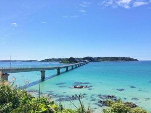 Tsunoshima角島シェア&ゲストハウスSumikkoオーシャンビューの犬がいるゲストハウスで特別な交流体験個室とドミトリー的海滩旁的一座水桥