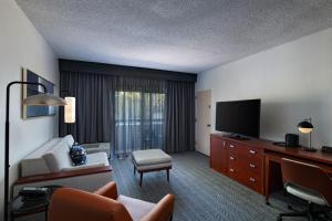 普莱诺Courtyard by Marriott Dallas Plano Parkway at Preston Road的带沙发和平面电视的客厅