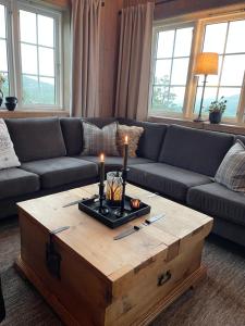RaulandLeilighet i vakre Rauland的客厅配有沙发和带蜡烛的咖啡桌