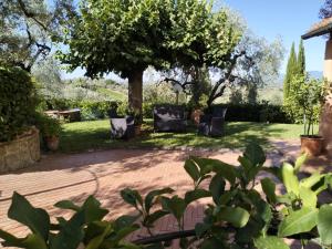 芬奇Affittacamere Acquaria-Vinci的树下花园,花园内摆放着两把椅子
