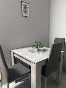 贝尔恩卡斯特尔-库斯Pension MonaLisa的餐桌,两把椅子,上面有植物