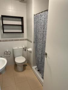 塞维利亚Ameyal Madre Rafols的一间带卫生间和淋浴帘的浴室